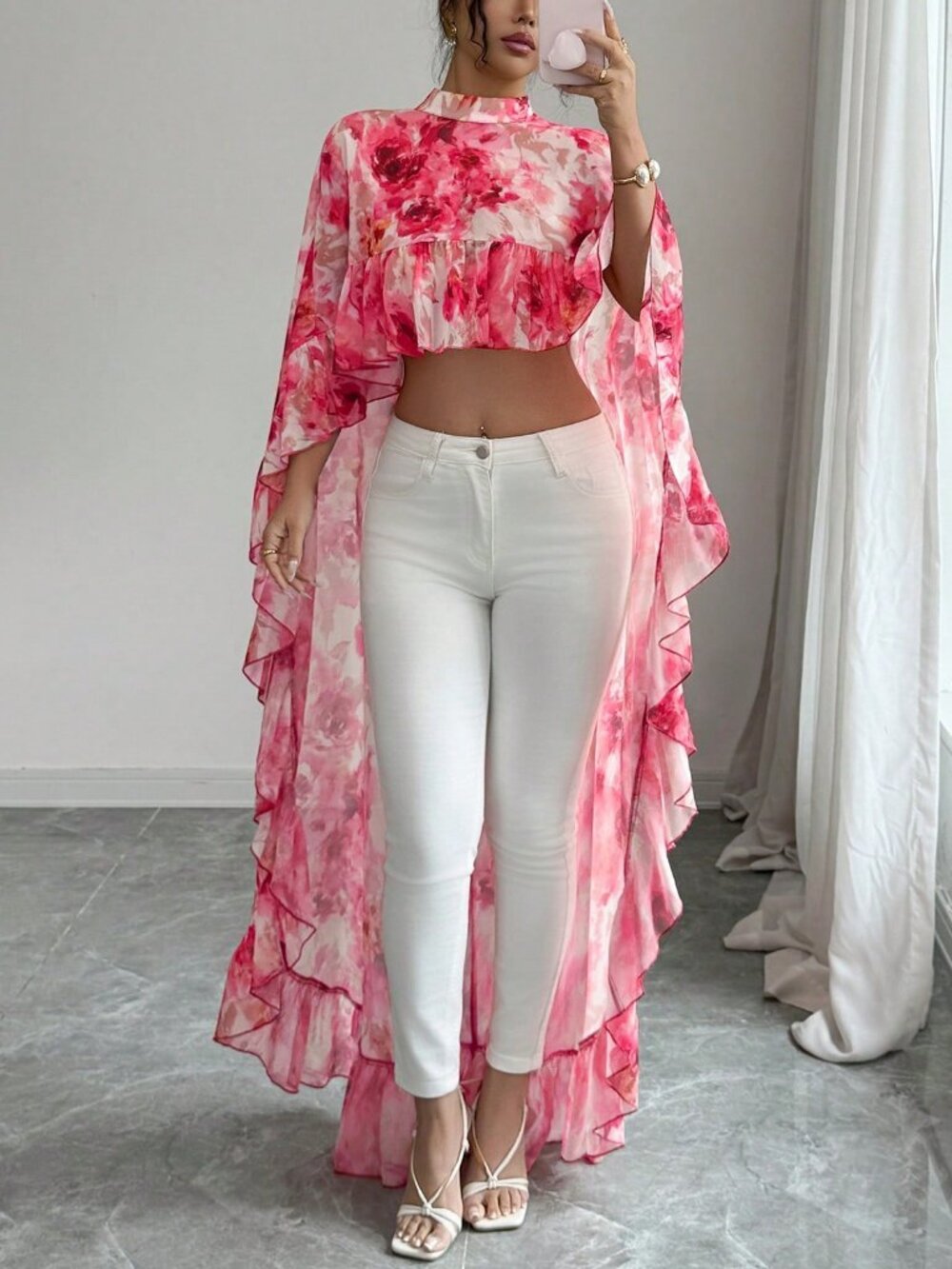 Pink Women's darin Collar Chiffon Floral Ruffle Trim hi-low Elegant Blouse - Picture 5 of 6